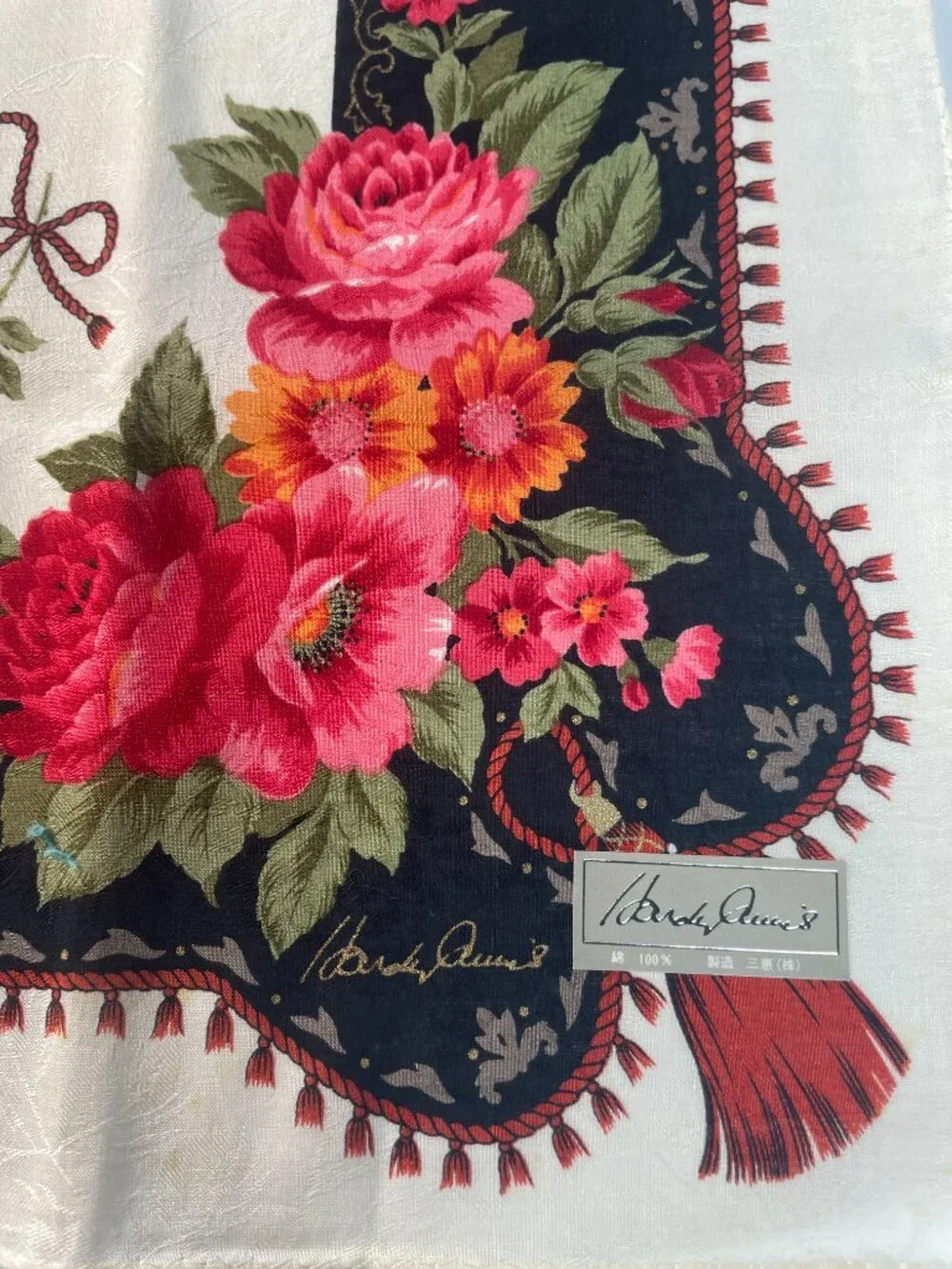 NWT Hardy Amies Vintage Floral Cotton Scarf Roses Tassel Border
